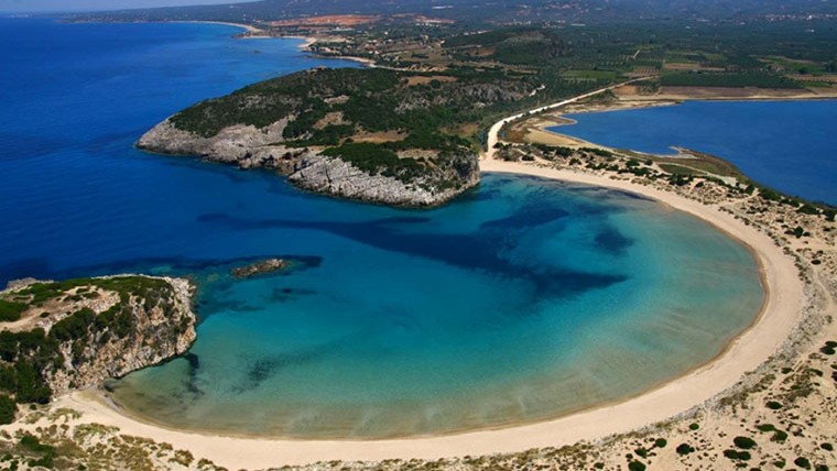 Aerial view of Voidokilia beach omega shape, Pylos Messinia Greece